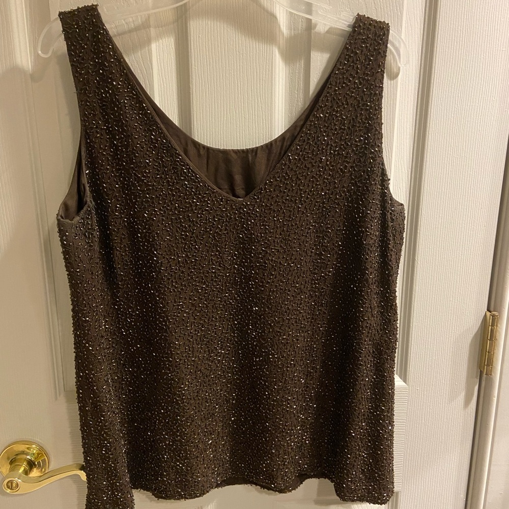 Vintage Silk Sequined Sleeveless Brown Blouse medium ptp 21”